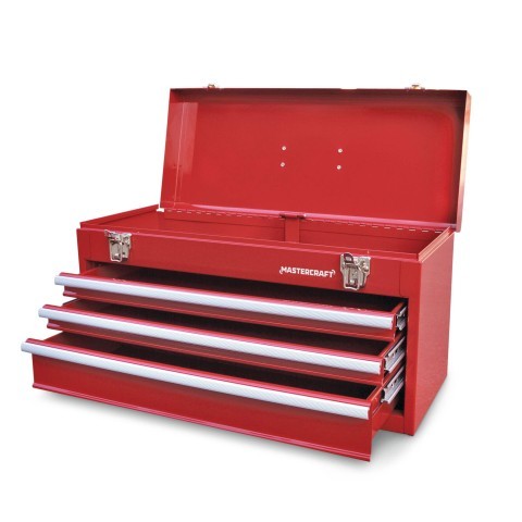 Coffre a outil rouge en metal avec outil